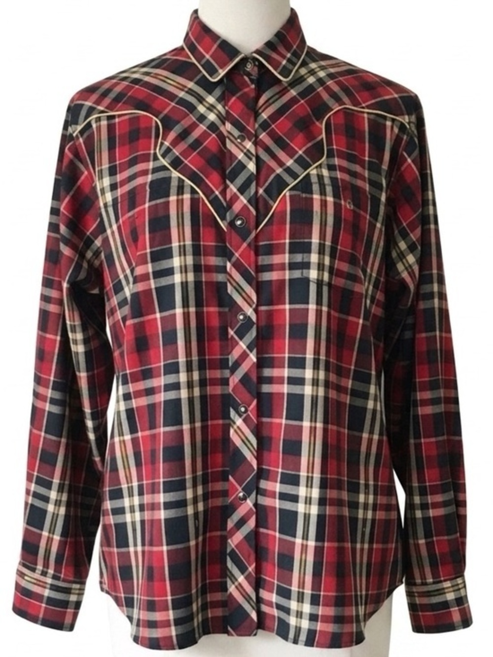 Karman 80s Western Plaid Button Down Piped Yoke Rodeo Chic Pearl Snap Sz Med